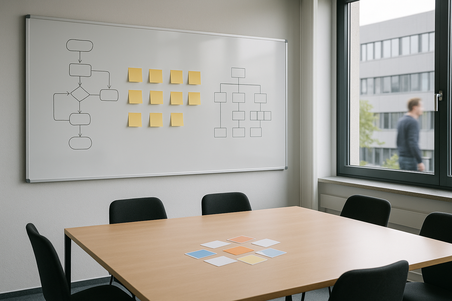 Workshop outcome with process cards and whiteboard as the visible result of structured consulting.