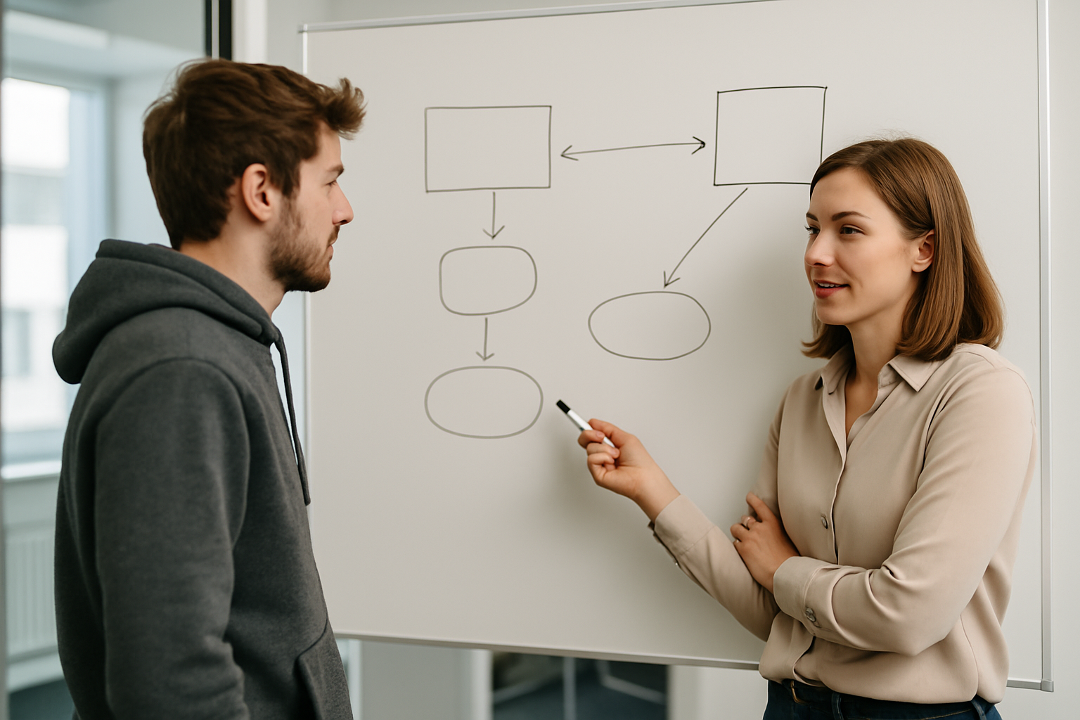 Consulting session for interfaces and complex JTL processes at a whiteboard without readable text.