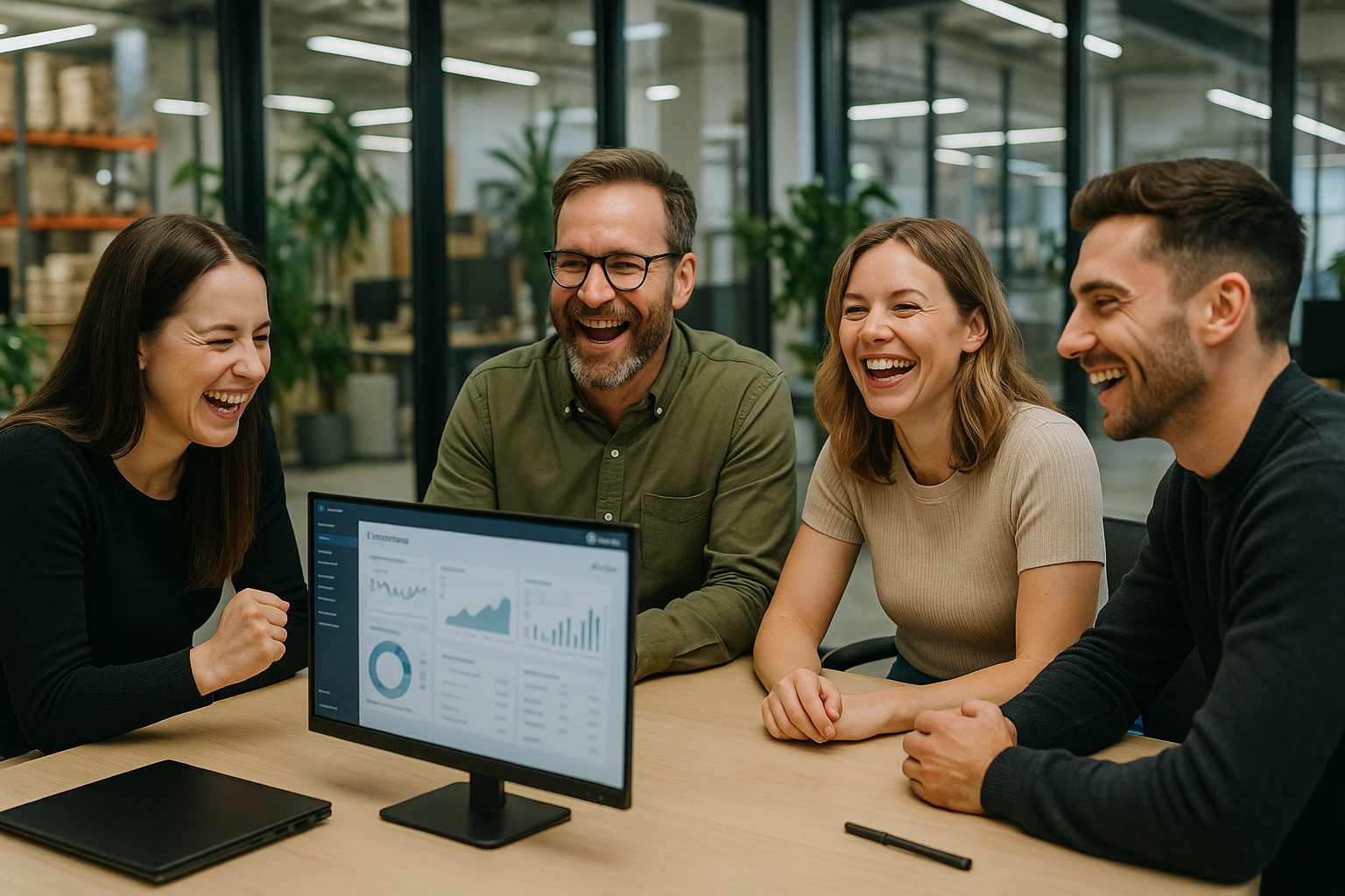 E-Commerce-Team bewertet laufende Commerce-Prozesse und Prioritäten in einer modernen RIS-Bildwelt.