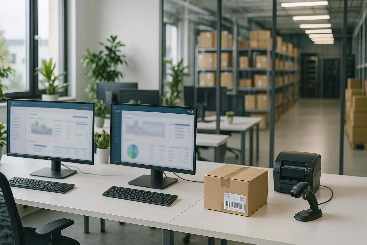 Modern e-commerce workstation with monitors, product data, parcels and warehouse connection without POS system.