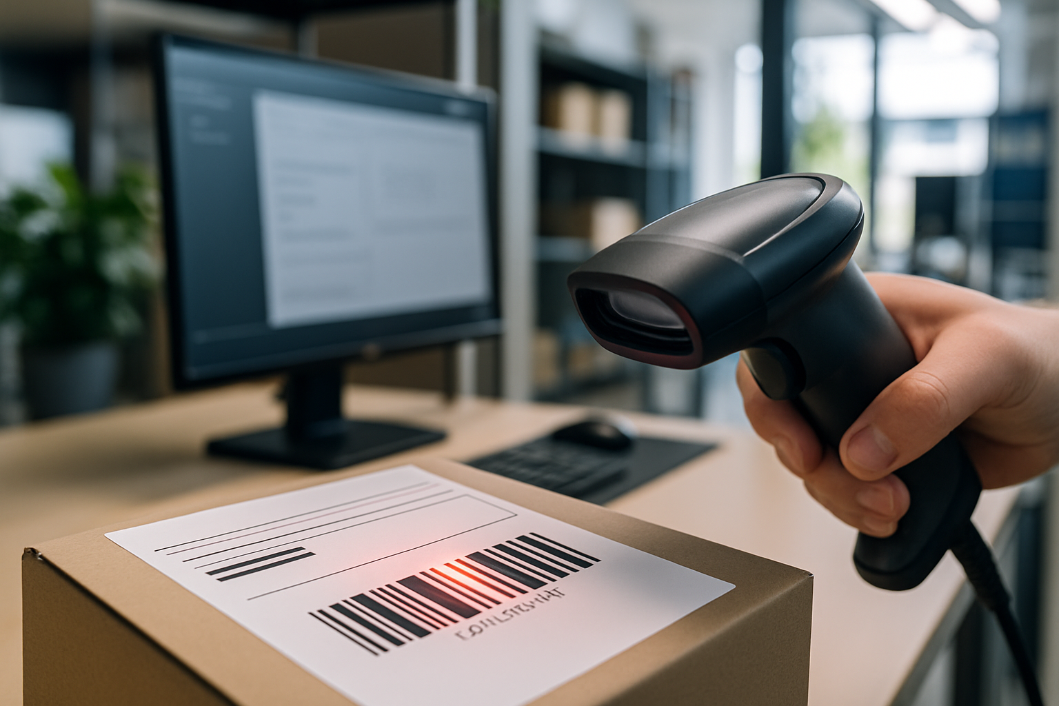 Scanner reading a shipping label on a parcel as a detail of a clean pick-and-pack station.
